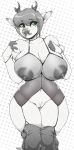  2019 anthro antlers areola big_breasts breasts cervine clothed clothing digital_media_(artwork) female green_eyes hair hi_res horn mammal muntjac niis nipples pattern_background pussy short_hair signature simple_background solo thick_thighs voluptuous wide_hips 