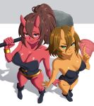  2girls absurdres black_boots black_leotard boots bracelet breasts brown_hair cleavage closed_mouth colored_skin commentary commission english_commentary from_above full_body green_eyes hair_between_eyes hammer highres holding holding_hammer horns jewelry large_breasts leotard lips looking_at_viewer looking_up medium_breasts medium_hair multiple_girls oni original ponytail red_eyes red_skin shaddercrack skin-covered_horns smile vgen_commission yellow_skin 