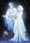  1boy 1girl black_hair black_sclera bridal_gauntlets colored_sclera commentary_request couple earrings flower fox_mask fox_mask_(silent_hill) full_body grey_hair hair_over_shoulder hetero highres holding_hands husband_and_wife japanese_clothes jewelry kimono long_hair low_ponytail mask motoyui nairuiyaselana1 ponytail robe shimizu_hinako short_hair silent_hill_(series) silent_hill_f single_earring spider_lily standing tassel tassel_earrings twitter_username uchikake white_flower white_hood white_kimono white_robe yellow_eyes 