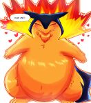 2026 anthro badger belly big_belly blue_body blue_fur blush blush_lines colored colored_line_art cute_fangs daww dialogue digital_drawing_(artwork) digital_media_(artwork) eyes_closed fangs felipotyphlosion fire flaming_hair flaming_mane fluffy fur generation_2_pokemon happy heart_symbol hi_res hug hug_request male mammal mustelid musteline neck_tuft nintendo outline overweight overweight_anthro overweight_male pokemon pokemon_(species) pseudo_hair pseudo_mane requesting simple_background solo speech_bubble tan_body tan_fur teeth text thick_thighs tuft typhlosion white_background