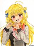  1girl :d ahoge blonde_hair blue_bow blush bow bowtie center_frills commentary_request double_bun erika_akai eyes_visible_through_hair frilled_shirt frills hair_between_eyes hair_bow hair_bun hair_intakes hamidashi_creative hands_up happy heart heart_hands highres huge_bow izumi_hiyori long_hair long_sleeves looking_at_viewer open_mouth photo_(medium) red_bow red_bowtie red_eyes school_uniform shirt sidelocks simple_background smile solo traditional_media two_side_up upper_body very_long_hair white_background white_shirt 