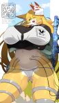 absurd_res anthro artist_name big_breasts blonde_hair breasts canid canine clothing female fox fox_mikolzuna fur hair hi_res kouseki0024 long_hair looking_at_viewer looking_down looking_down_at_viewer mammal mask text text_on_clothing text_on_topwear topwear wide_hips yellow_body yellow_fur
