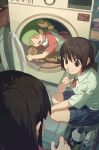  1boy 2girls absurdres adoptive_parent_and_adoptive_child ayase_fuuka black_hair blue_skirt blush bottle brown_eyes child collared_shirt commentary detergent father_and_child father_and_daughter finger_to_mouth from_above green_hair highres hugging_doll hugging_object in_washing_machine koiwai_yotsuba laundry long_hair lying mr._koiwai multiple_girls neck_ribbon on_side open_door parent_and_child plaid_clothes plaid_skirt pleated_skirt quad_tails red_ribbon red_sleeves ribbon shirt short_hair short_sleeves shushing sim_aun_09 skirt sleeping smile spray_bottle squatting stuffed_animal stuffed_toy teddy_bear thick_eyebrows untranslatable_commentary washing_machine white_shirt yotsubato! 