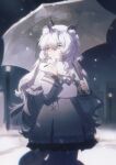  1girl absurdres aged_down animal_ear_fluff animal_ears arknights bird bird_on_hand chinese_commentary coat commentary_request ebbe grey_eyes grey_hair hands_up hat highres holding holding_umbrella jewelry long_hair long_sleeves looking_to_the_side necklace night outdoors pramanix_(arknights) pramanix_(young)_(arknights) sky snow snow_leopard_ears snow_leopard_girl snow_leopard_tail snowing solo standing tail transparent transparent_umbrella umbrella white_coat white_hat winter_clothes 