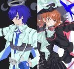  1boy 1girl absurdres arknights ascot belt belt_buckle bird black_dress black_hat black_skirt blue_bird blue_eyes blue_gloves blue_hair blush brown_eyes brown_hair buckle cavalier_hat closed_mouth dress earrings fake_halo flipped_hair gloves halo hat hat_feather highres holding holding_sheath jacket jewelry looking_to_the_side medium_hair meronsha moon_phases official_alternate_costume persona persona_3 persona_3_reload sheath shoes short_hair skirt split_screen takeba_yukari takeba_yukari_(in_vigil_of_dawn_and_dusk) upper_body white_ascot white_jacket yuuki_makoto_(in_witness_of_glory)_(persona_3) yuuki_makoto_(persona_3) 