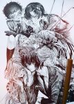  1boy 5girls absurdres arrow_(projectile) arrow_in_body art_tools_in_frame aya_carmine braid collared_shirt commentary_request greyscale highres hitomi_hirosuke_(sayonara_wo_oshiete) long_hair meguro_miyuki monochrome multiple_girls necktie nib_pen_(medium) open_mouth pen_(medium) photo_(medium) pleated_skirt ribbon sayonara_wo_oshiete school_uniform shirt short_hair side_braids skirt smile sugamo_mutsuki suit takada_nozomi tamachi_mahiru traditional_media ueno_koyori very_long_hair vest 