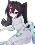  1girl ao_dai black_hair breasts commentary_request commission dress expressionless hair_intakes highres long_hair looking_at_viewer luna_(nashi) lying nashi_(shi_ra_nu_i) on_side original pokemon red_eyes simple_background skeb_commission slit_pupils small_breasts solo very_long_hair white_dress 