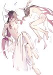  1boy absurdres bishounen bluuuuesis closed_eyes columbina_(genshin_impact) commentary english_commentary eye_mask genderswap genderswap_(ftm) genshin_impact hair_ornament head_wings highres long_hair male_focus mask purple_hair simple_background topless_male very_long_hair white_mask wing_hair_ornament wings 