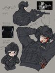  1girl arms_behind_head assault_rifle backpack bag balaclava black_gloves black_helmet black_shirt blood blood_from_mouth blood_on_face call_of_duty clenched_teeth combat_helmet commentary cropped_legs cropped_torso daewoo_k1 ear_protection eotech foregrip game_screenshot_inset gloves goggles grey_background gun headphones headset helmet highres holding holding_knife knife korean_text laser_sight load-bearing_vest long_sleeves microphone military_combat_uniform military_operator military_uniform minhee_(cod:_mw4) mole mole_under_eye multiple_views night_vision_device ppopy124 reference_inset rifle screenshot_inset shirt sight_magnifier south_korean_flag suppressor tactical_clothes teeth vertical_foregrip watch weapon wristwatch 