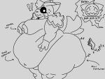 4:3 anthro belly big_belly big_butt big_moobs blush blush_lines bodily_fluids butt butt_slap canid canine collar dom_(domlol) domlol duo english_text evil_container exclamation_point fox hi_res huge_belly huge_butt machine male male/male mammal meme monochrome moobs motion_lines neck_tuft onomatopoeia overweight protogen side_view slap sound_effects surprised sweat teasing text tuft