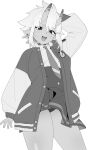  1girl :d absurdres blush cameltoe cowboy_shot earrings fangs greyscale hand_on_own_head highres horns jacket jewelry medium_hair mochui monochrome necktie oni panties pantyshot pleated_skirt pointy_ears simple_background skin-covered_horns skirt smile solo soukaku_(zenless_zone_zero) sweatdrop thighs underwear zenless_zone_zero 