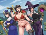  3boys 3girls armor bikini bikini_armor black_gloves black_hair blue_eyes blue_sky breasts brown_eyes cleavage commentary_request cross_ornament day elbow_gloves gloves goblin green_eyes hat highres holding holding_sword holding_weapon huge_breasts kawanuma_uotsuri long_hair mole mole_under_mouth multiple_boys multiple_girls open_mouth original outdoors priestess red_armor red_bikini side_slit sky swimsuit sword weapon witch_hat 