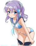  1girl bikini blue_bikini blue_eyes blue_neckerchief blue_sailor_collar blue_shorts breasts commentary_request denim denim_shorts kantai_collection langley_(kancolle) langley_(swimsuit)_(kancolle) leaning_forward looking_at_viewer neckerchief one-hour_drawing_challenge ponytail purple_hair ray.s sailor_bikini sailor_collar shorts sidelocks simple_background small_breasts solo swimsuit tiara undressing white_background 