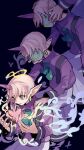  4boys apostolos_(puyopuyo) aqua_ascot ascot blue_mask brown_eyes bug butterfly clone commentary_request earrings halo hand_on_another's_face hand_on_another's_shoulder highres horns infinity_symbol jewelry looking_at_hands magic male_focus mask masked multiple_boys panicking pink_butterfly pink_hair pink_horns pointy_ears purple_background purple_sweater puyopuyo puyopuyo_quest short_hair simple_background single_horn skirt suspender_skirt suspenders sweat sweater unicorn_horn urolo white_skirt yellow_halo 