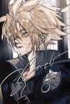  1boy aqua_eyes armor black_vest blonde_hair blood blood_on_face closed_mouth cloud_strife commentary earrings english_commentary fenrir_(ff7) final_fantasy final_fantasy_vii final_fantasy_vii:_advent_children hair_between_eyes hair_over_one_eye highres jewelry maidhao male_focus pauldrons popped_collar portrait ribbed_vest sample_watermark short_hair shoulder_armor single_earring single_pauldron solo spiked_hair stud_earrings upper_body vest watermark zipper 