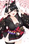  1girl absurdres animal_ear_fluff animal_ears black_hair black_kimono blue_archive blush breasts cherry_blossoms chochin_oekaki closed_eyes colored_inner_hair commentary_request double_v floral_background flower fox_ears fox_girl grey_sailor_collar halo highres japanese_clothes kimono large_breasts multicolored_hair open_mouth pink_flower pleated_skirt red_hair red_halo sailor_collar sash side_slit skirt solo teeth two-tone_hair upper_teeth_only v wakamo_(blue_archive) white_skirt 