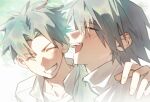  2boys absurdres aged_down black_hair blush chinese_commentary closed_eyes commentary_request couple false_memory guan_chao_(false_memory) guan_chao_(teenager)_(false_memory) hair_between_eyes hair_down hand_on_another's_shoulder happy he_mingshuo high_collar highres jacket male_focus medium_hair multiple_boys niurougan_haoguia open_clothes open_jacket portrait shirt simple_background smile spiked_hair teeth track_jacket white_background white_jacket white_shirt zipper zipper_pull_tab 