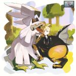  1boy :t ahoge blonde_hair closed_mouth gladion_(pokemon) green_eyes highres hood hooded_vest hoodie licking licking_another's_face majyo_(witch_poke) male_focus pants pokemon pokemon_(creature) pokemon_sun_and_moon shirt shoes short_hair silvally sitting tassel tongue torn_clothes torn_shirt tree vest 