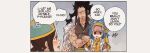  1boy 2girls blue_hair brown_hair commentary english_text fairy_tail gajeel_redfox hairband hands_on_own_hips hat levy_mcgarden medium_hair multiple_girls rusky speech_bubble squiggle trembling yellow_hairband 