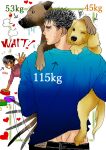  1boy 1girl animal back berserk black_hair blue_shirt casca_(berserk) commentary_request dog flying_sweatdrops guts_(berserk) heart holding holding_animal kame_(jeycobsry) scar scar_on_face scar_on_nose shirt short_hair tail trembling 