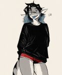 anthro aquatic black_hair blep bottomwear clothing dolphin_shorts ear_piercing female fish hair hi_res hoodbiology hotpants non-mammal_ears piercing shark sharp_teeth shorts solo sweatshirt teeth tongue tongue_out