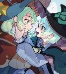  2boys aqua_eyes black_hat blue_eyes blue_hair blue_hat blue_shirt cape commentary_request crazy_eyes dual_persona eye_contact from_side green_cape green_eyes green_hair hands_on_another's_face hat hat_ornament highres looking_at_another male_focus medium_hair multiple_boys open_mouth orange_hat parted_lips puffy_sleeves puyopuyo puyopuyo_quest red_cape rozatte_(outlander)_(puyopuyo) rozatte_(puyopuyo) shirt short_hair smile star_(symbol) star_hat_ornament suspenders sweat two-sided_fabric two-sided_headwear upper_body urolo white_shirt witch_hat 