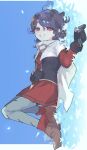  1boy ander_(puyopuyo) andersen's_fairy_tales black_gloves black_hair black_vest blue_sky braid brown_shoes cape commentary_request curly_hair falling_petals field flower flower_field from_side full_body gloves grey_pantyhose hand_on_own_stomach happy highres holding holding_flower knees_up little_match_girl looking_at_viewer looking_to_the_side lying male_focus mole mole_under_eye on_back on_ground open_clothes open_vest outdoors pantyhose parted_lips petals puyopuyo puyopuyo_quest red_eyes red_tunic shoes short_hair sideways single_braid sky smile solo tunic urolo vest white_cape white_flower white_petals 