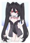  1girl aqua_nails black_hair black_leotard breasts choker commentary_request expressionless hair_intakes highres leotard long_hair looking_at_viewer luna_(nashi) nashi_(shi_ra_nu_i) original pokemon red_eyes slit_pupils small_breasts solo twintails very_long_hair 