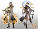  1boy :d animalization black_shirt black_shoes blonde_streaks brown_hair commentary company_name copyright_notice fingerless_gloves full_body fur_shawl fushimi_gaku gloves hair_between_eyes hair_flaps hand_on_own_hip holding holding_sword holding_weapon japanese_clothes kimono kimono_partially_removed kushiro_kuki long_sleeves looking_at_viewer magatama male_focus moon multicolored_hair multiple_views nijisanji official_alternate_costume official_art pants person_and_animalization sample_watermark shawl shirt shoes short_hair slit_pupils smile streaked_hair sword virtual_youtuber watermark weapon white_kimono white_pants wide_sleeves yellow_eyes 