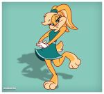2026 3_toes 3d_(artwork) anthro artist_name barefoot blonde_hair blue_eyes border buckteeth clothing digital_media_(artwork) dress feet female full-length_portrait fur gloves hair half-closed_eyes handwear hi_res jcthornton lagomorph leporid lola_bunny looking_at_viewer looney_tunes mammal narrowed_eyes on_one_leg orange_body orange_fur ponytail_ears portrait rabbit scut_tail short_hair short_tail simple_background smile smiling_at_viewer solo standing tail teal_background teal_clothing teal_dress teeth text tied_ears toes warner_brothers white_border white_clothing white_gloves white_handwear