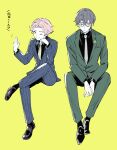  1boy 1girl ;) absurdres black_shirt black_shoes blue_jacket blue_pants blue_suit closed_mouth collared_shirt commentary_request crossdressing crossdressing_(mtf) figure_four_sitting full_body glasses green_suit highres invisible_chair jack_jeanne jacket liio_oiil mutsumi_kai necktie one_eye_closed pants partial_commentary pink_hair pinstripe_jacket pinstripe_pants pinstripe_pattern reverse_trap semi-rimless_eyewear shirt shoes short_hair sitting smile suit tachibana_kisa translation_request under-rim_eyewear waving weekend_lesson_(jack_jeanne) white_necktie yellow_background yellow_eyes 