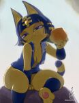  animal_crossing ankha_(animal_crossing) anthro biped blue_eyes blue_hair breasts clothed clothing domestic_cat eating eryz felid feline felis female food fruit hair hi_res inner_boob mammal markings nintendo pawpads plant sitting solo striped_markings striped_tail stripes tail tail_markings yellow_body 