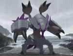  absurdres beach claws cloud cloudy_sky commentary ewokakukaede extra_arms golisopod highres isopod mega_golisopod no_humans pokemon pokemon_(creature) pokemon_focus rain sky solo_focus standing water wimpod 