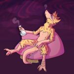 animal_genitalia anthro bean_bag bodily_fluids bong casual_urination claws cloaca dinosaur dromaeosaurid drugs feathered_dinosaur feathered_scalie feathers fingering genital_fluids genitals hi_res male marijuana penetration penis prehistoric_species reptile saurischian scalie slit_penetration slit_play smoke soakedspino substance_intoxication theropod urine velociraptor watersports wetting