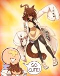  1girl absurdres agnes_tachyon_(tach-nology)_(umamusume) agnes_tachyon_(umamusume) ahoge animal_ears black_necktie black_pantyhose breasts brown_hair character_doll chemical_structure coat commentary cork doll earrings english_commentary hair_between_eyes highres holding holding_doll horse_ears horse_girl horse_tail jewelry lab_coat large_breasts long_sleeves necktie open_mouth pantyhose red_eyes shirt shoes short_necktie single_earring sleeves_past_fingers sleeves_past_wrists smile speech_bubble sweater sweater_vest t-head_trainer_(umamusume) tail test_tube trainer_(umamusume) trembling_hands_art umamusume white_coat white_shoes wolf_cut yellow_sweater yellow_sweater_vest 