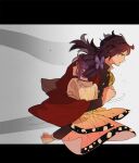  1boy 1girl animal_print arm_around_another's_back black_border black_hair black_jacket border butterfly_hair_ornament butterfly_print clenched_hand demon_slayer_uniform hair_ornament haori highres jacket japanese_clothes kimetsu_no_yaiba kochou_shinobu kviuy_rs long_hair low_ponytail medium_hair multicolored_hair parted_bangs parted_lips ponytail print_haori purple_hair sidelocks tomioka_giyuu two-tone_hair updo upper_body 