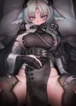 1girl absurdres animal_ears arcane_(arknights) arknights arknights:_endfield belt bird_ears bird_girl black_cape black_gloves blush breasts cape commentary english_commentary facial_mark forehead_mark gloves grey_hair hand_on_own_stomach high-waist_belt highres large_breasts lying mildt multicolored_gloves on_back on_bed pelvic_curtain purple_eyes solo spread_legs sweatdrop two-tone_gloves white_gloves 