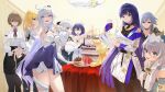  6+girls absurdres ahoge black_pantyhose black_skirt blonde_hair blue_dress blue_eyes blue_hair breasts bronya_zaychik bronya_zaychik_(silverwing:_n-ex) cake cleavage copyright_logo cup detached_sleeves dress drinking_glass durandal_(honkai_impact) food fruit fu_hua fu_hua_(rustic_noir) grey_hair highres holding holding_cup homu_(honkai_impact) honkai_(series) honkai_impact_3rd indoors kiana_kaslana kiana_kaslana_(apho) kiana_kaslana_(herrscher_of_finality) large_breasts logo long_hair multiple_girls official_alternate_costume pantyhose pencil_skirt purple_eyes purple_hair qingshi_(jntw5555) raiden_mei raiden_mei_(apho) rita_rossweisse rita_rossweisse_(summer_night's_dream) seele_vollerei seele_vollerei_(wings_of_panacea) shirt short_hair skirt smile table theresa_apocalypse theresa_apocalypse_(astralop) thighs very_long_hair watermelon watermelon_slice white_dress white_hair white_shirt wine_glass 