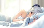  1girl backlighting bare_shoulders bed bed_sheet blanket blurry blurry_background blush breasts collarbone commentary day english_commentary grey_hair head_on_pillow highres indoors long_hair looking_at_viewer lying mole mole_under_mouth morning nude on_bed on_side pillow pointy_ears pov_across_bed purple_eyes solo torjun_111 velina_airgid zenless_zone_zero 