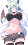  1girl animal_ears aqua_hair black_bra black_panties black_shoes black_sports_bra black_thighhighs blue_archive blush bra breasts closed_mouth clothes_pull coat commentary_request covered_nipples fox_ears fox_tail hair_between_eyes hair_ornament hairclip highres large_breasts navel onibi_(will_o_wisp24) panties purple_eyes shigure_(blue_archive) shoes shorts shorts_pull simple_background smile solo sports_bra sports_panties standing tail thighhighs underwear white_background white_coat wide_sleeves 