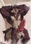 animal_genitalia animal_penis anthro armpit_hair balls bathing big_balls big_muscles big_penis black_lips blush body_hair brown_body brown_fur canid canine canine_genitalia canine_penis canis claws erection fangs front_view fur genitals hi_res huge_balls huge_penis knot kota_(patto) lips male mammal muscular muscular_anthro muscular_male mythological_canine mythological_creature mythology patto penis shower showering solo standing teeth thick_penis water werecanid werecanine werecreature werewolf wet wolf