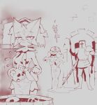 2026 absurd_res ambiguous_gender anthro armor bone breasts club_(weapon) cross-popping_vein emanata felid feline female flat_chested fur gardevoir generation_3_pokemon generation_9_pokemon gesture group hair hand_gesture hi_res human humanoid knight mammal medium_breasts melee_weapon meowscarada monochrome navel nintendo nipple_outline noconcession obscured_eyes open_mouth pointing pointing_at_another pokemon pokemon_(species) polearm pseudo_hair skull spear sword tail torch warrior weapon