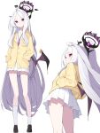  1girl absurdres alternate_costume ass asymmetrical_legwear black_halo blazer blue_archive cardigan commentary_request demon_girl demon_horns demon_wings gyaru halo hands_in_pockets highres hina_(blue_archive) horns jacket koflif long_hair looking_at_viewer low_wings multiple_horns necktie parted_bangs ponytail purple_eyes purple_halo purple_necktie shirt simple_background solo standing taller_than_canon uneven_legwear upskirt white_background white_hair white_shirt wings yellow_cardigan 