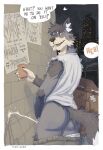 2026 alley anthro arm_hair arm_tuft barazoku big_butt big_muscles blue_body blue_fur bodily_fluids body_hair border bottomwear brown_bottomwear brown_clothing brown_pants butt butt_focus butt_hair canid canine canis chuckling city city_background city_lights city_skyline cityscape claws clothing container cup dialogue disposable_cup dumpster english_text eyebrows fur genital_fluids grey_body grey_fur grey_hair grin grinning_at_viewer hair hi_res holding_container holding_cup holding_object inviting inviting_viewer leg_hair leg_tuft looking_at_viewer male male_peeing mammal manly moon muscular muscular_anthro muscular_arms muscular_male muscular_thighs night offering_to_viewer outside pants peeing peeing_on_wall playful playful_expression playful_face poster_(object) presenting presenting_body presenting_hindquarters public public_nudity public_urination rear_view shirt sky smile smiling_at_viewer solo speech_bubble standing tail tan_body tan_fur teasing teasing_viewer text thick_arms thick_eyebrows thick_thighs topwear torn_clothing torn_shirt torn_sleeves torn_topwear tuft tuskito underwear urine urine_on_wall urine_stream watersports white_border white_clothing white_shirt white_topwear white_underwear wolf