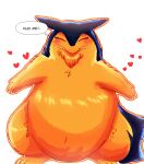 2026 anthro badger belly big_belly blue_body blue_fur blush blush_lines colored colored_line_art cute_fangs daww dialogue digital_drawing_(artwork) digital_media_(artwork) eyes_closed fangs felipotyphlosion fluffy fur generation_2_pokemon happy heart_symbol hi_res hug hug_request male mammal mustelid musteline neck_tuft nintendo outline overweight overweight_anthro overweight_male pokemon pokemon_(species) pseudo_hair pseudo_mane requesting simple_background solo speech_bubble tan_body tan_fur teeth text thick_thighs tuft typhlosion white_background