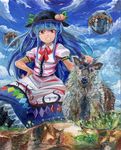  blue_hair bow cloud day food fruit grin hand_on_hip harikona hat hinanawi_tenshi keystone long_hair oil_painting_(medium) peach red_eyes ribbon sky smile solo touhou traditional_media 