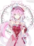  1girl ;) beret breasts commission diamond-shaped_pupils diamond_(shape) dress elf elysia_(hi_love_elf)_(honkai_impact) elysia_(honkai_impact) hat highres honkai_(series) honkai_impact_3rd large_breasts long_hair looking_at_viewer multicolored_hair one_eye_closed pink_hair pointy_ears purple_eyes red_dress shumu05022 smile solo symbol-shaped_pupils two-tone_hair very_long_hair white_hair 