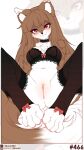  1girl absurdres animal_ear_fluff animal_ears black_bra black_choker black_thighhighs blunt_bangs bra breasts brown_hair choker closed_mouth commentary english_commentary fang feet frilled_choker frills furrification furry furry_female highres holo lace-trimmed_bra lace-trimmed_choker lace-trimmed_thighhighs lace_trim likunea long_hair looking_at_viewer medium_breasts patreon_logo patreon_username pussy red_eyes sitting smile solo spice_and_wolf tail thighhighs twitter_username twitter_x_logo uncensored underwear white_background wolf_ears wolf_girl wolf_tail zoom_layer 