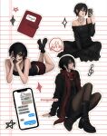  1girl alternate_costume bare_arms bare_shoulders black_boots black_camisole black_dress black_hair black_jacket black_nails black_pantyhose boots breasts camisole cellphone cross cross_necklace diary dress earphones eren_yeager full_body hair_between_eyes head_on_hand highres indian_style jacket jewelry levigoonette lying medium_breasts mikasa_ackerman multiple_necklaces multiple_views musical_note nail_polish necklace notebook off-shoulder_shirt off_shoulder on_stomach pantyhose phone plaid_clothes plaid_shorts red_scarf red_shorts scar scar_on_cheek scar_on_face scarf shingeki_no_kyojin shirt short_hair shorts sitting smartphone solo sparkle talking_on_phone the_pose twitter_username 