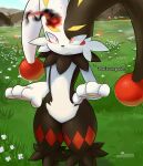2026 anthro black_body black_fur dialogue dupin_(pal) english_text featureless_crotch fur gameplay_mechanics grass gui health_bar lagomorph level_number looking_at_viewer male mammal multicolored_body multicolored_fur nude_anthro nude_male outside ozoneserpent pal_(species) palworld pawpads pink_pawpads plant pocketpair red_body red_fur solo text white_body white_fur yellow_eyes